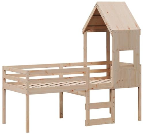 vidaXL Hochbett, Kinderbett mit Dach Leiter Sperrholzlatten, Spielbett für Kinderzimmer, Bett Holzbett Einzelbett, 75x190cm Massivholz Kiefer