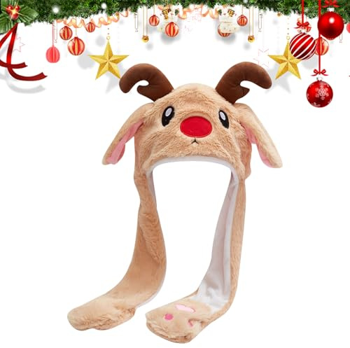 CutitiUU Weihnachten Beweglichen Ohren Hut,2-in-1-Kapuzenmütze-Schal,Weihnachts-Airbag-Mütze Hellbraun Rentier-Stil,lustige Weihnachtsmütze,Weihnachten Geburtstag Geschenk,Winter,Warm
