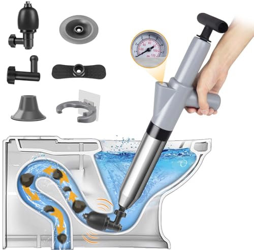 Toilet Plunger, High Pressure Plunger Kit, Unblocker Heavy Duty Toilet Plunger with with A Holder and 4 Replaceable Heads, Toilet Plungers for Unblocking Bathtub, Sink, Drain and Pipe Clog
