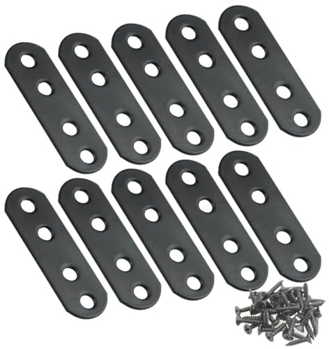 TOVOT 10PCS Flat Brackets Steel Brackets with Screws Black Mending Plates 4 Holes Flat Brackets Straight Braces for Wood Furniture (55×18MM)