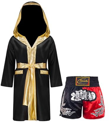 Fldy Boxen Kinder Outfit Boxing Shorts Boxmantel SetJungen Muay Thai Fight Shorts Und Satin Kapuzenmantel Schwarz&Rot 158-164