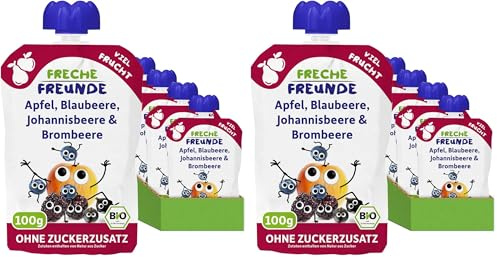 FRECHE FREUNDE Bio Quetschie Apfel, Blaubeere, Johannisbeere & Brombeere, Fruchtmus im Quetschbeutel für Babys ab dem 6. Monat, glutenfrei & vegan, 6-er Pack (6 x 100g) (Packung mit 2)