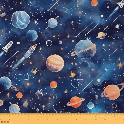 Loussiesd Sonnensystem Stoff 92x150cm Konstellation Patchwork Stoffe Galaxie Weltraum Universum Planeten 3D gedruckt Raum Stoff Meterware Dekor Blau Polsterstoff für DIY Nähmuster Handwerk