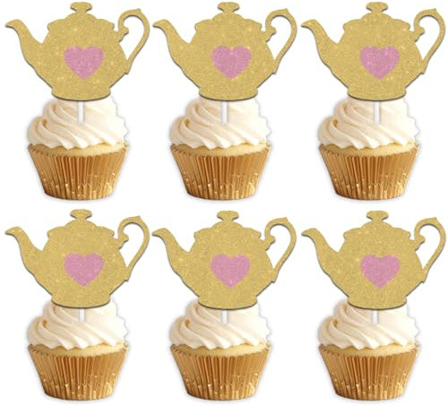 18pcs Gold Glitter Teapot Dessert Cupcake Topper Pick for Afternoon Tea Theme Decorations Men Women Children Happy Birthday Baby Shower Party Decor Supplies