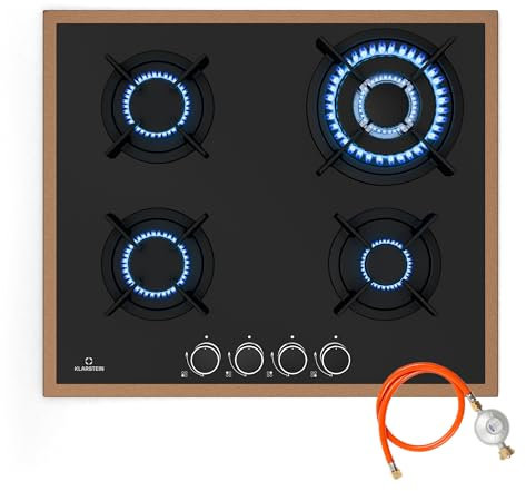 Klarstein Lumiflame Placa de Gas, 4 Quemadores, 8kW, Marco de Cobre y Cristal Templado, Encendido Eléctrico, FFD Seguridad, Compatible GLP y Gas Natural, Soportes Hierro Fundido