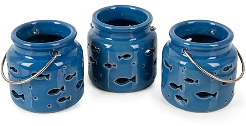 Logbuch-Verlag 3 Maritime Kerzenhalter Teelichthalter blau mit Fischen Tischdeko Taufe Kommunion Konfirmation 8 cm
