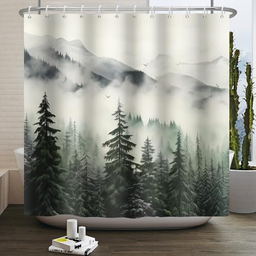 Kzzfqxb 152x183cm Rideaux de Douche Brumeux avec Crochets, Montagnes de Brume Blanche pins forêt Paysage boisé imperméable pour Le Bain, Tissu Polyester pour Baignoire de Salle