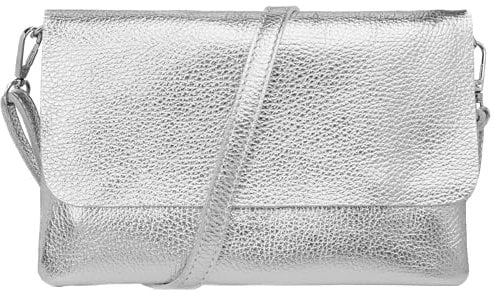 Caspar Elegante Leder Clutch Damen Umhängetasche Abendtasche mit verstellbarem Schultergurt - CLASSIC LINE - Modell No.835 - Made in Italy, Farbe:silber metallic