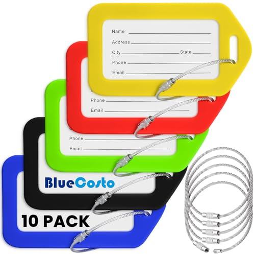 BlueCosto - Etiquetas para equipaje - Multicolor, Paquete de 10 - Etiqueta de maleta de viaje con tarjeta de identificación de nombre y bucles de alambre de metal de alta resistencia