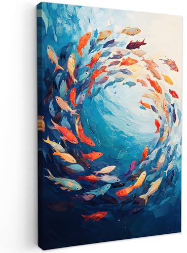 MuchoWow© Leinwand Bilder 60x90 cm Wanddeko Wohnzimmer Aesthetic Room Decor Deko Zimmer Wandbilder Modern Bild auf Leinwand Meer - Fische - Farbenfroh - Dynamisch