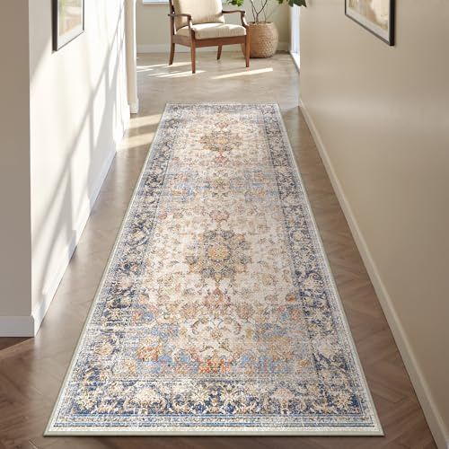PureCozy Tappeto Salotto Moderno, Tappeti Camera Da Letto, 60x180 cm Tappeto Vintage Corridoio Antiscivolo Lavabile Pelo Corto per Cucina, Soggiorno, Ufficio, Interno,Blu-arancio