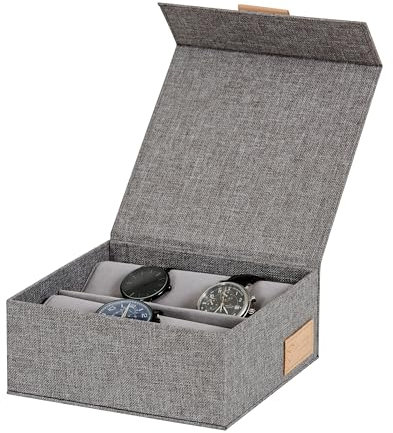 LOVE IT STORE IT Premium Aufbewahrungsbox für Uhren - Uhrenbox aus Leinen, innen Samt - Verstärkt mit Holz - Für 6 Uhren - Hellgrau - 16,5x16,5x7 cm