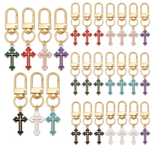 PH PandaHall 28pcs Cross Keychains 7 Colors Easter Crosses Key Chain Car Keys Ring Accessories Bag Charm Decoration with Swivel Clasp for Purse Wallet Handbag Backpack