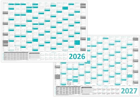 Türkis Wandkalender/Wandplaner 2026 + 2027 (gerollt) DIN A1 Format (594 x 841 mm) 14 Monate, komplette Jahresvorschau Folgejahr und Ferientermine Feiertage aller Bundesländer
