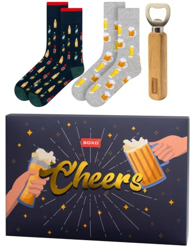 soxo Biere Cadeau Original - Chaussettes Homme & Verre & Ouvre 40-45 | socks hautes en coton, motif bierre drôle, idée utile pour anniversaire