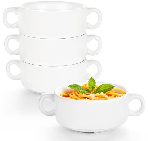 Soup Bowls with Handles, 4 Pack Porcelain Small Cereal Bowls Dessert Bowls | Round Individual Pie Dish, Stacking Serving Bowls for French Onion Soup, Ramen, Breakfast, Snack, Fruit, Oven Dishwasher Safe