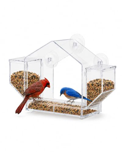 NiHome Vogelhaus Fenster mit Saugnäpfen, Transparentes Vogelfutterhaus aus Acryl, Vogelfutterspender mit Abnehmbarem Futtertablett, Futterstation für Wildvögel Balkon Garten, 32.5 x 20.5 x 10.3 cm