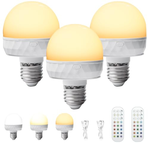 3 Stück Wiederaufladbare Glühbirne mit Fernbedienung, E27 Dimmbare Farben LED Glühbirne mit Fernbedienung und Magnet, Type-C Aufladbar Lampen, Birne für Notbeleuchtung Nachtbeleuchtung Bar Party