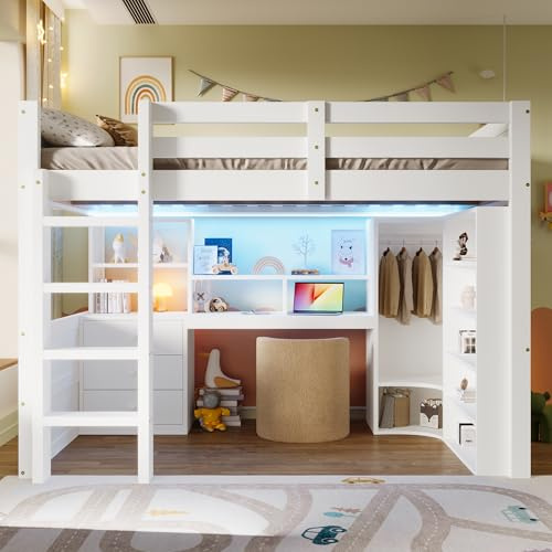 Laxnb Kinderbett Hochbett 140x200 cm mit Stauraum und LED, Etagenbett mit Leiter und Stauraum Schreibtisch Kleiderschrank Schubladen, Hausbett Holzbett mit Rausfallschutz, Ohne Matratze, Weiß