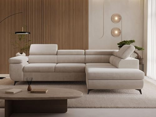 GRAINGOLD Argon L Ecksofa modern mit Bettfunktion, 255x190 cm, L-Form Sofa, Schlafcouch für Wohnzimmer, Velvet-Stoff, 4-Sitzer Eckcouch, Ecksofa mit Bettkasten (Beige, Rechts)