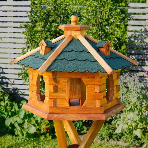 Deko-Shop-Hannusch Vogelhaus wahlweise mit Ständer und Solarbeleuchtung, Verschiedene Größen L - XXL, Futtersilo, wetterfestes Bitumendach (Größe Standard L, grün)
