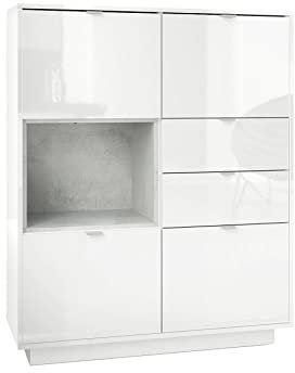 Vladon Highboard Sideboard Metro, Made in Germany, Korpus in Weiß Hochglanz/Fronten in Weiß Hochglanz mit Einsatz in Beton Oxid Optik