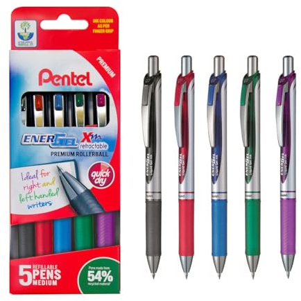 Pentel Energel XM Rollerball Pen 0.7mm Retractable Pack of 5 - Color: Assorted