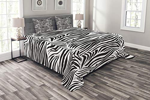ABAKUHAUS Zebra-Druck Tagesdecke Set, Wilde Zebra-Linien, Set mit Kissenbezügen Klare Farben, für Doppelbetten 220 x 220 cm, Weiß Schwarz