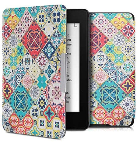 kwmobile Klapphülle kompatibel mit Amazon Kindle Paperwhite Hülle - eReader Case (für Modelle bis 2017) - Marokkanische Fliesen bunt Blau Rot Hellbraun
