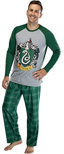 Harry Potter Men's Raglan Shirt and Plaid Pants Pajama Set - (Slytherin, SM)
