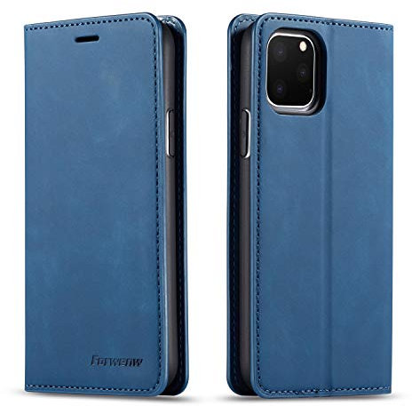 EYZUTAK Hülle für iPhone 11 Pro (5.8 inch), Magnetverschluss Premium PU Leder Flip Case mit Kartenfächern Brieftasche Standfuntion stoßfeste Silikonhülle Retro Ledertasche - Blau