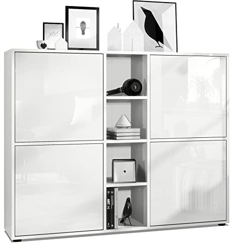 Vladon Highboard Cuba V3, Made in Germany, Weiß matt/Weiß Hochglanz - Moderne Anrichte mit 12 Fächern (130,5 x 105,5 x 35,5 cm)