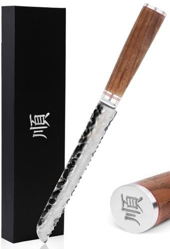 YOUSUNLONG Coltello da pane - 8'' (203 mm) - Affettatrice per pane - Coltello per affettare - Acciaio damasco giapponese - Manico in noce naturale