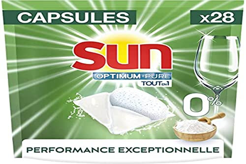 Sun Capsules Lave-Vaisselle Optimum Pure Tout En 1 0% x28, 0% colorants, phosphates et parfums, Vaisselle éclatante et Impeccable, Ingrédients Naturels, Nettoyage & Brillance, 28 Tablettes