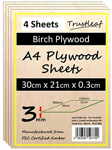 Trustleaf 3mm Birch Plywood A4-300x210x 3mm - (Pack of 4) Laserable Low Fume E1 Glue Ply