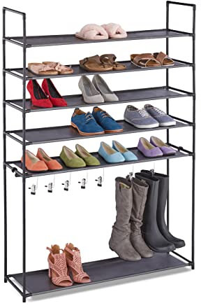 Relaxdays Schuhregal 6 Ebenen, Stecksystem, 20 Paar Schuhe, 7 Stiefelhaken, Metall & Stoff, Flur Schuhablage, schwarz