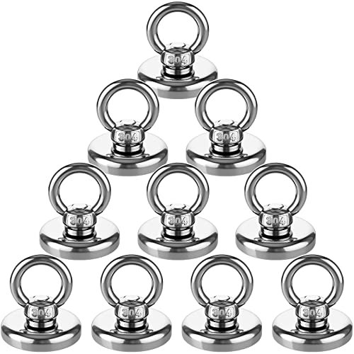 Stark Neodym Ösenmagnet Magnethaken, Zugkraft 95LB(43KG) Starke Neodymium Magnet runder Seltenerdmagnet N52 mit Senkloch-Augenschraube für Magnetfischen, Schatzsuche, 32 mm Durchmesser, 10pcs