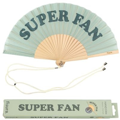 Fisura – Original orange handheld folding fan with “super fan” message. Colorful wooden fan, perfect for gifts, wedding party decoration. Hanger included.
