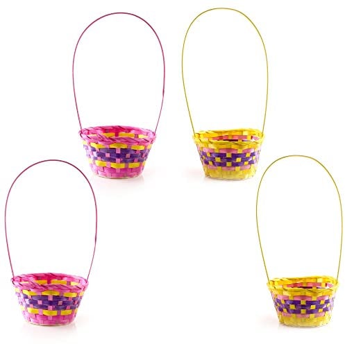 I LOVE FANCY DRESS Easter Egg Baskets - 4x Large Rectangular Rustic Woven Treat Baskets, Yellow & Pink, Perfect for Easter Egg Hunts