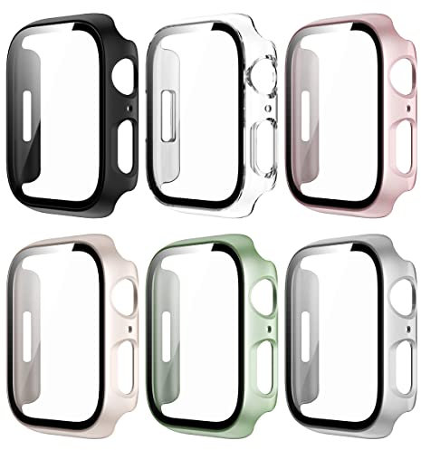 6er Pack Hard PC Schutzhülle für Apple Watch Serises 9 (2023) Series 8 Series 7 41mm, iWatch Hülle Mit Glas Displayschutz, schutzfolie gehärtetem Glas Gesamtblasenfreie Abdeckung für iWatch-Zubehör