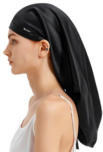 LilySilk Maulbeerseide Haarhaube Schlafmütze Schlafhaube 100% Seide von 19 Momme Lange Seidenmütze Kappe für lockiges Haar, Nachtmütze zum Schlafen, Seidenhaube für Frauen mit Langen Haaren, Schwarz