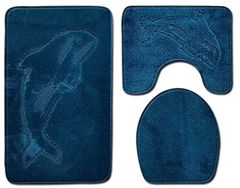 100 yeah 3-teiliges Delfin-Badematten-Set mit weicher Badematte, WC-Vorleger und WC-Sitzbezug (Petrol)