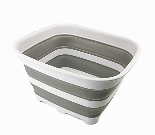 SAMMART 15L Collapsible Dishpan with Draining Plug - Foldable Washing Basin - Portable Dish Washing Tub - Space Saving Kitchen Storage Tray (White/Grey)