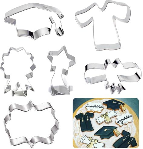 Kanehosi Ausstechformen zum Schulabschluss, 6 Stück, Kappenkleid, Diplomrahmen, Medaillonformen, Plätzchenform, 304 Edelstahl, Keksteig, Fondant-Ausstechformen für Feiern, Küche, Backen