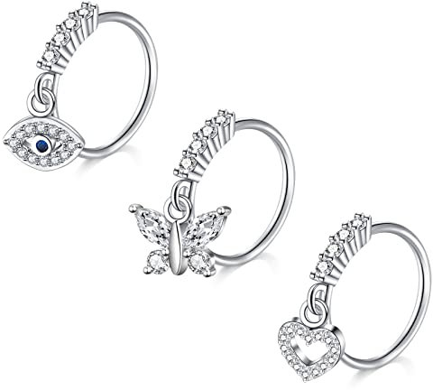 Mayhoop Nasenring 20G Nasenpiercing Hoops Silber Augen Schmetterling Herz CZ Knorpel Helix Ohr Piercing Schmuck für Frauen Männer 3Stk