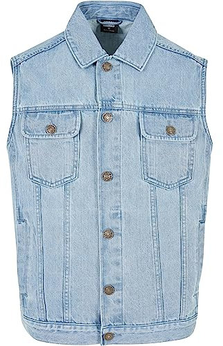 Urban Classics Herren Denim Vest – Jeansweste aus Baumwolle mit Knopfleiste, Brusttaschen und Kragen, ärmellose Weste für Streetwear, Freizeit & Alltag, Lighter Washed, 5XL