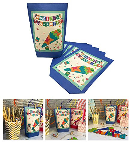 Oblique Unique® 6 Geschenktüten Papier Tüten Endlich Schulkind Geschenktaschen mit Zuckertüte für Schuleinführung Einschulung Party Feier Mitgebsel (Blau)