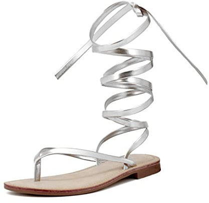 QUEEN HELENA Sandali Infradito alla Schiava Bassi con Lacci Casual Donna Y3008 (Argento, numeric_35)