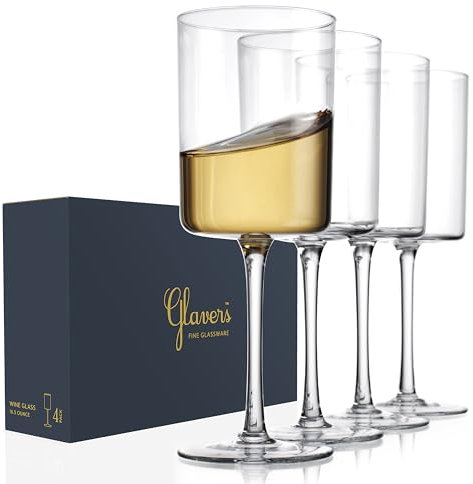Square Crystal Stemmed Wine Glasses Set of 4 - 16 Oz Modern Large Glasses for Red and White Wine, Tall Thin Rim, Elegant Gifting Packaging, Dishwasher Safe, Snifter
