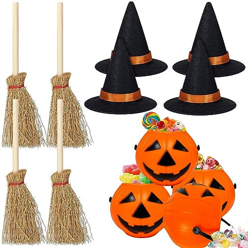 Amsixnt Mini Halloween Deko, Miniatur Deko Halloween, Hexenhut Mini Deko, Mini Hexenhut Halloween, Hexenbesen Mini, Mini Hexenkessel mit Griff, für Halloween, Party, Tischdeko